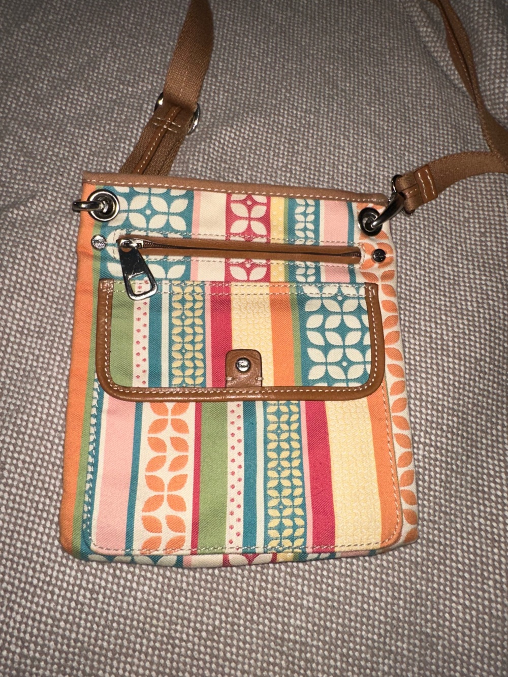 Striped Multi-Color Crossbody Bag with Tan Trim